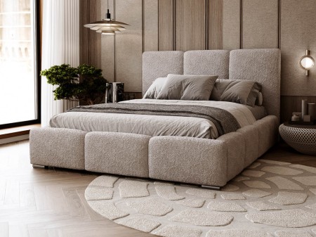 Łóżko tapicerowane 160x200 ze stelażem i pojemnikiem Odessa beżowe tkanina boucle