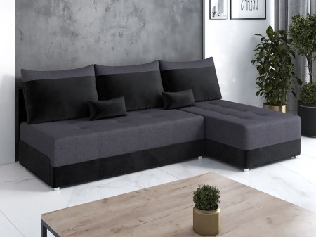 Narożnik z funkcją spania L-kształtny Doris ciemnoszara tkanina z czarnym welurem z pojemnikiem na pościel