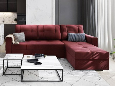 Narożnik z funkcją spania L-kształtny Optima 230x148 bordowy z pojemnikiem