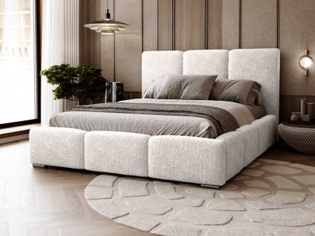 Łóżko tapicerowane 160x200 ze stelażem i pojemnikiem Odessa białe tkanina boucle