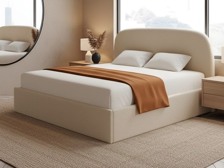 Łóżko tapicerowane 160x200 z pojemnikiem i stelażem metalowym Velia beżowe boucle, tanie