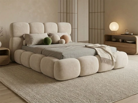 Łóżko tapicerowane 140x200 Tulia kremowe z pojemnikiem na pościel i  stelażem metalowym