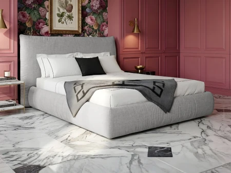 Łóżko tapicerowane 140x200 Cloudy jasnoszare z pojemnikiem na pościel i  stelażem metalowym