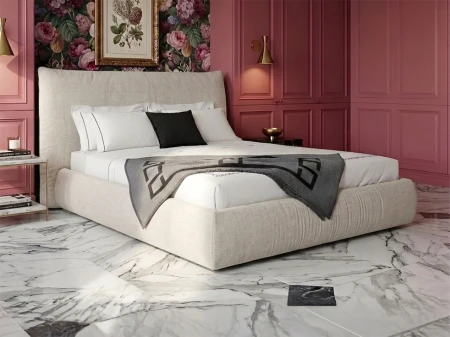 Łóżko tapicerowane 140x200 Cloudy beżowe z pojemnikiem na pościel i  stelażem metalowym