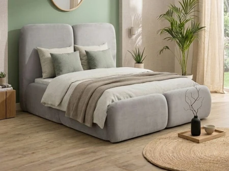 Łóżko tapicerowane 140x200 Zenith jasnoszare z pojemnikiem na pościel i  stelażem metalowym