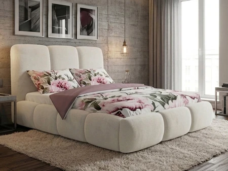 Łóżko tapicerowane 160x200 Seni kremowe z pojemnikiem na pościel i  stelażem metalowym