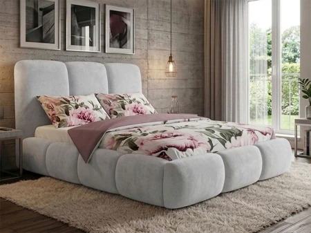 Łóżko tapicerowane 140x200 Seni jasnoszare z pojemnikiem na pościel i  stelażem metalowym