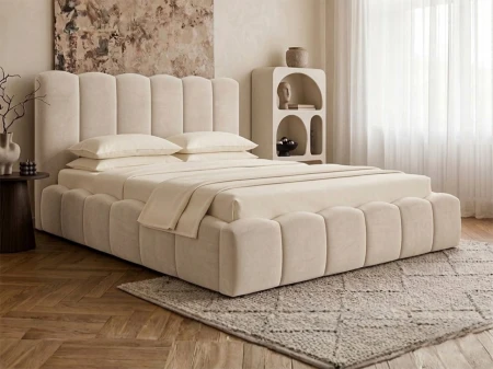 Łóżko tapicerowane 160x200 Amaro beżowe z pojemnikiem na pościel i  stelażem metalowym