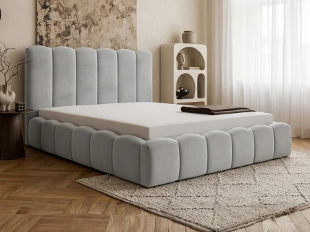 Łóżko tapicerowane 160x200 Amaro jasnoszare z pojemnikiem na pościel i  stelażem metalowym