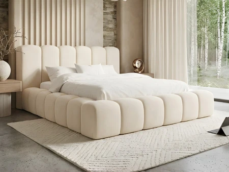 Łóżko tapicerowane 180x200 Calypso kremowe z pojemnikiem na pościel i  stelażem metalowym